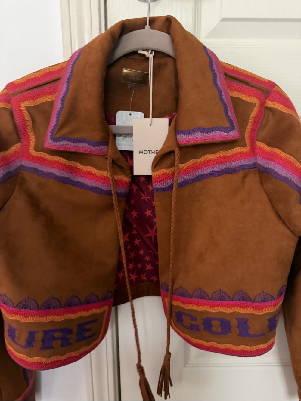MOTHER Brown Suede Cropped Jacket with Pink & Purple Trim - Picture 5 of 9